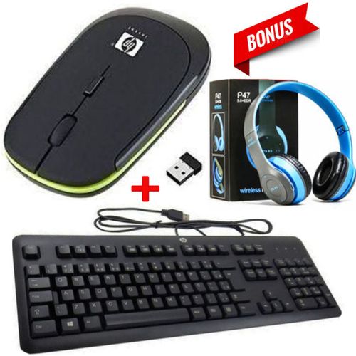HP Quality Wireless Optical Mouse -Black+ HP Keyboard+Headphones