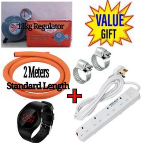 Cosco GAS REGULATOR 13KG CYLINDER GAUGE // 13Kg Gas Cylinder Regulator With Level Gauge,Clips And 2M Pipe // Gas Regulator With A Meter Gauge+ 2M Hosepipe+Clips+4 Way Power Extension Cable & Watch