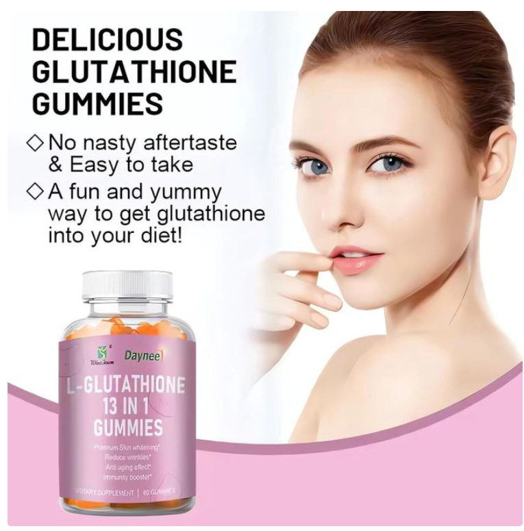 Daynee L-Glutathione 13 in 1 Gummies, 1200mg, Reduce Wrinkles & Anti-Aging, Muscle Relief & Immune Support, Strawberry Flavor, Vegan & Non-GMO, 60 Count-for Dark Spot, Collagen Glutathione Whitening