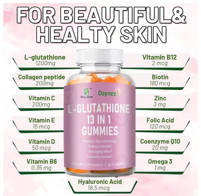 Daynee L-Glutathione 13 in 1 Gummies, 1200mg, Reduce Wrinkles & Anti-Aging, Muscle Relief & Immune Support, Strawberry Flavor, Vegan & Non-GMO, 60 Count-for Dark Spot, Collagen Glutathione Whitening