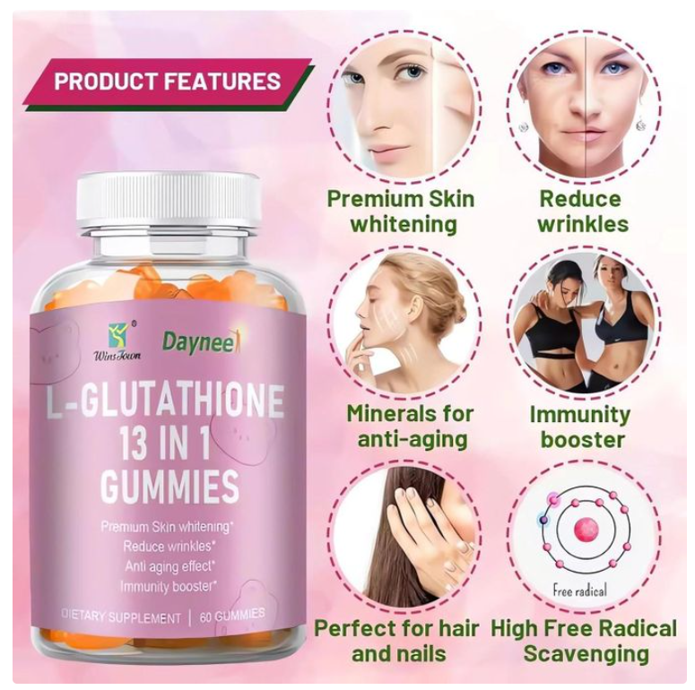 Daynee L-Glutathione 13 in 1 Gummies, 1200mg, Reduce Wrinkles & Anti-Aging, Muscle Relief & Immune Support, Strawberry Flavor, Vegan & Non-GMO, 60 Count-for Dark Spot, Collagen Glutathione Whitening