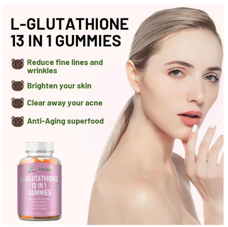 Daynee L-Glutathione 13 in 1 Gummies, 1200mg, Reduce Wrinkles & Anti-Aging, Muscle Relief & Immune Support, Strawberry Flavor, Vegan & Non-GMO, 60 Count-for Dark Spot, Collagen Glutathione Whitening