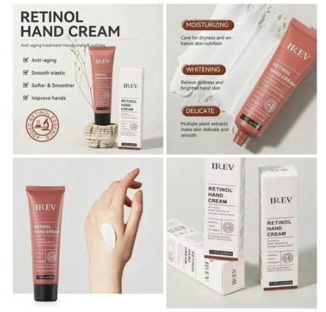 IREV Retinol Hand Cream - Antiaging Hand Treatment Cream Softens Smoothes Protects Hands Nails Cuticles - For Younger Looking Hands Vitamin A Minimises Age Effect on Skin
