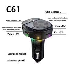 C61 FM Transmitter Bluetooth Wireless Modulator Dual Port USB TYPE C + MP3 Player + FM Radio + TF Slot + Charging + Support FLAC