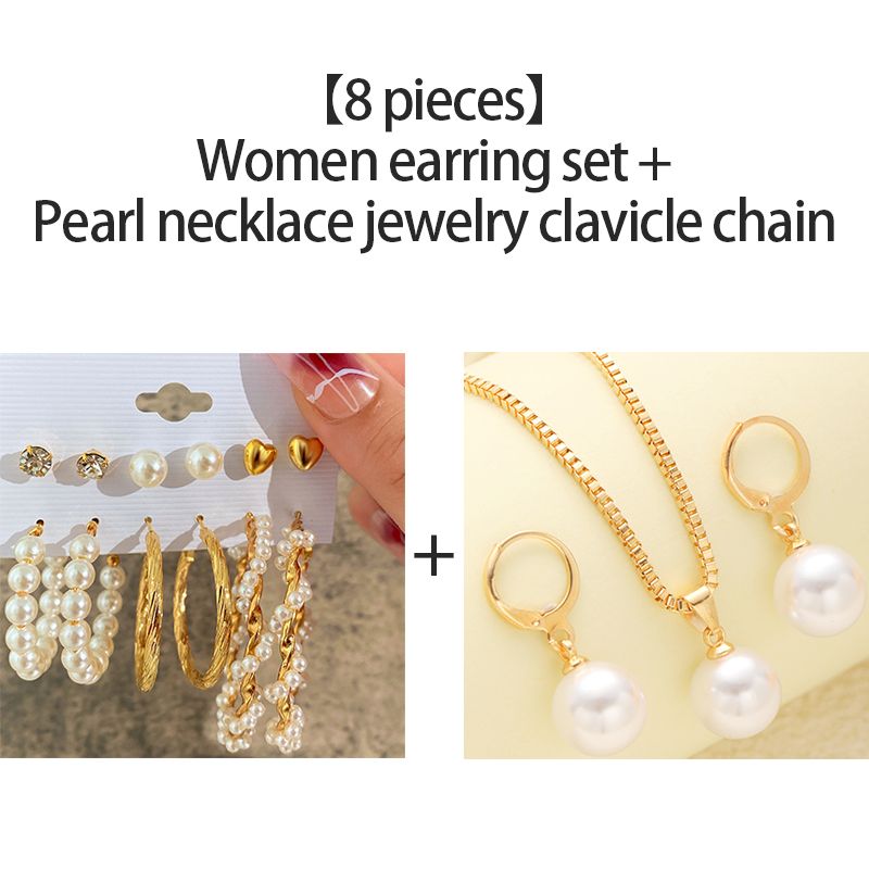8pcs/Set Earrings Sets + Necklace Women Jewelry Clavicle Chain Creative Personality Cameo Earrings Fashion Accessories Pearl Pendants Valentine's Gifts Fashion Stunning Earrings For Beautiful Girls