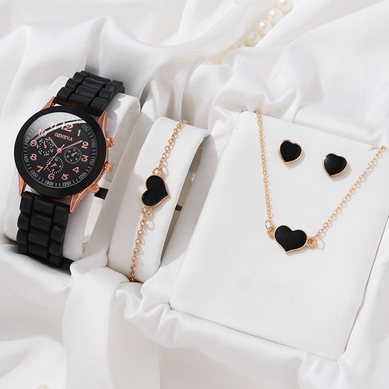 Women Watches 5PCS Set Simple Classic Heart Shape Women Wrist Watches High-end Fashion Watch Women Quartz Watches Jewelry Set Clocks Reloj Mujer Girls Gift