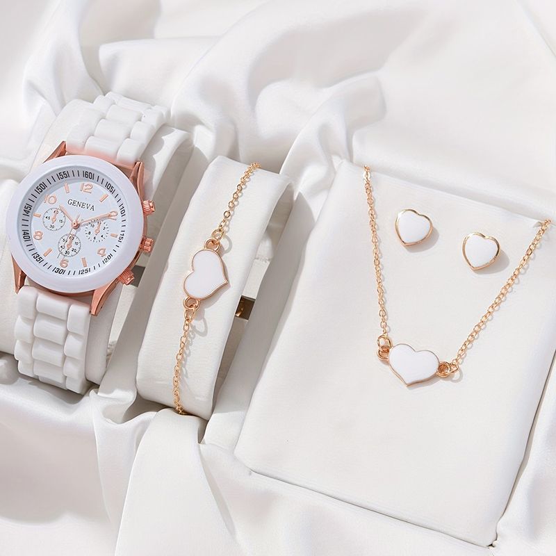 Women Watches 5PCS Set Simple Classic Heart Shape Women Wrist Watches High-end Fashion Watch Women Quartz Watches Jewelry Set Clocks Reloj Mujer Girls Gift