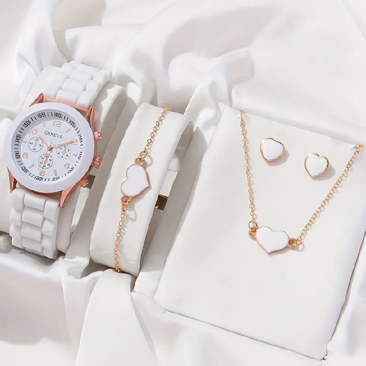 Women Watches 5PCS Set Simple Classic Heart Shape Women Wrist Watches High-end Fashion Watch Women Quartz Watches Jewelry Set Clocks Reloj Mujer Girls Gift