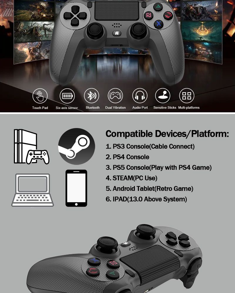 Hot Sale Bluetooth Game Controller Gamepad Game Controller Wireless Bluetooth Joystick 6 Axis with Light Bar Gyroscope Dual Vibration Bluetooth Gamepad for PC, Android, PS4