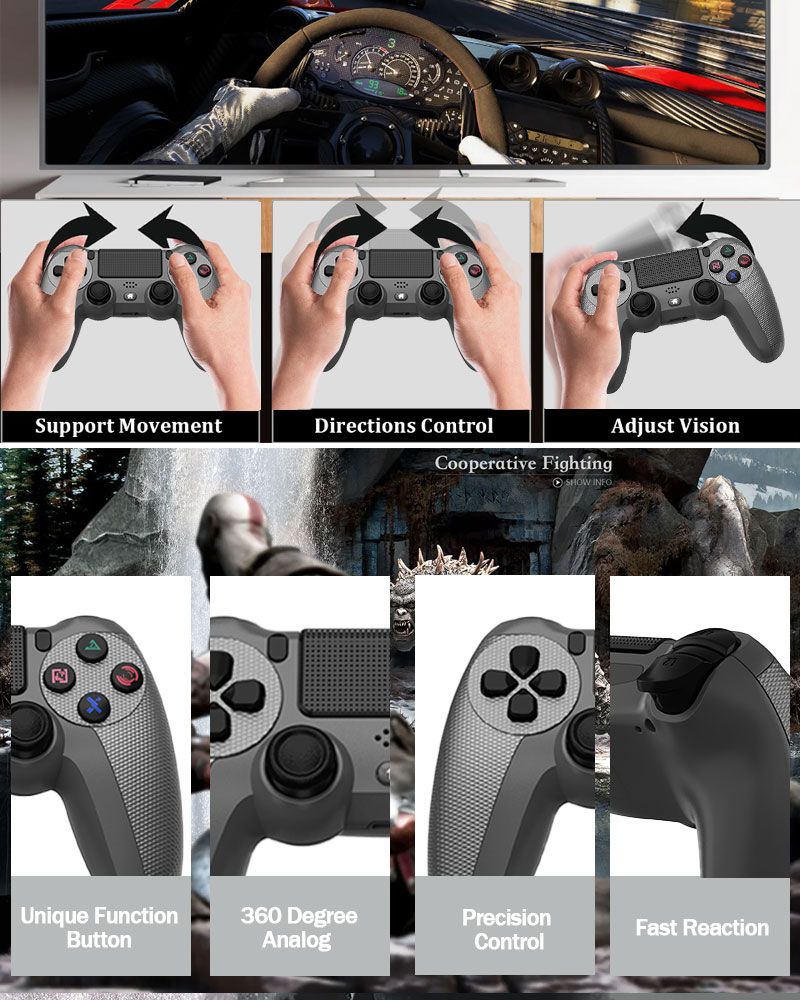 Hot Sale Bluetooth Game Controller Gamepad Game Controller Wireless Bluetooth Joystick 6 Axis with Light Bar Gyroscope Dual Vibration Bluetooth Gamepad for PC, Android, PS4