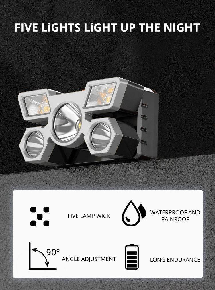 5 LED Strong Light Headlight USB Charging Waterproof Flashlight Multi-speed Adjustment Headlamp Suitable For Long Shot Outdoor Camping Hiking Fishing Hunting Mining Lamp Fishing Lanterns & Lights