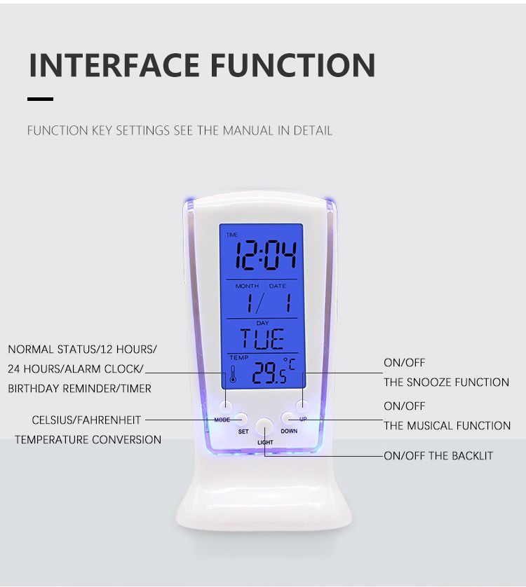 LED blue light digital electronic alarm clock snooze timer alarm clock home bedside luminous electronic clock time date temperature display clock