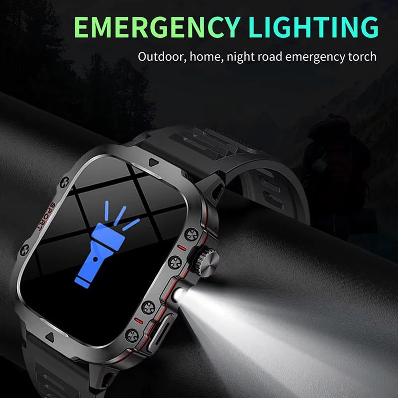 New Smart Watch Military Outdoor Sports Fitness Tracker Health Monitor Bluetooth Call Smart Watch ECG Heart Rate Detection Flashlight Compatible with Android IOS Outdoor Sports Smart Watch