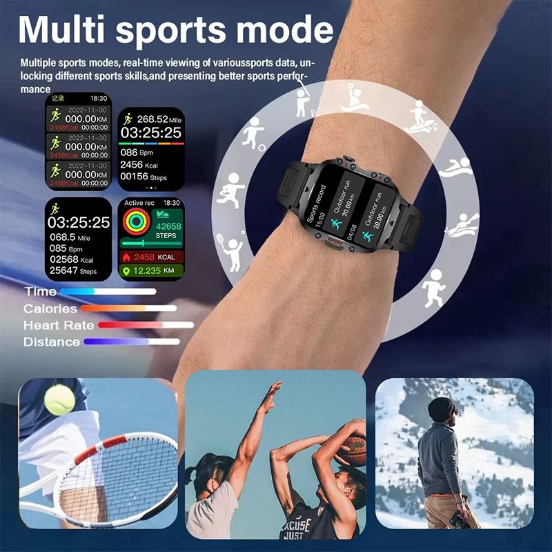 New Smart Watch Military Outdoor Sports Fitness Tracker Health Monitor Bluetooth Call Smart Watch ECG Heart Rate Detection Flashlight Compatible with Android IOS Outdoor Sports Smart Watch