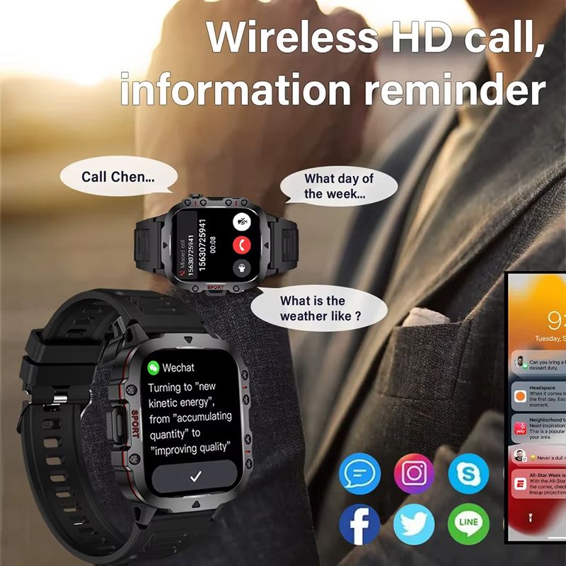 New Smart Watch Military Outdoor Sports Fitness Tracker Health Monitor Bluetooth Call Smart Watch ECG Heart Rate Detection Flashlight Compatible with Android IOS Outdoor Sports Smart Watch