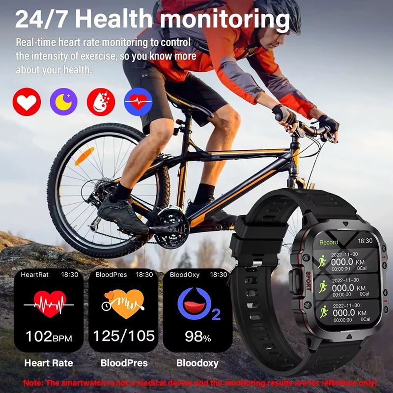 New Smart Watch Military Outdoor Sports Fitness Tracker Health Monitor Bluetooth Call Smart Watch ECG Heart Rate Detection Flashlight Compatible with Android IOS Outdoor Sports Smart Watch
