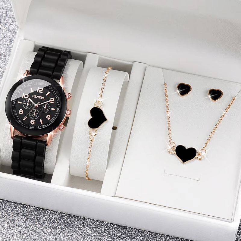 Women Watches 5PCS Set Simple Classic Heart Shape Women Wrist Watches High-end Fashion Watch Women Quartz Watches Jewelry Set Clocks Reloj Mujer Girls Gift