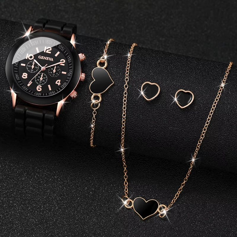 Women Watches 5PCS Set Simple Classic Heart Shape Women Wrist Watches High-end Fashion Watch Women Quartz Watches Jewelry Set Clocks Reloj Mujer Girls Gift