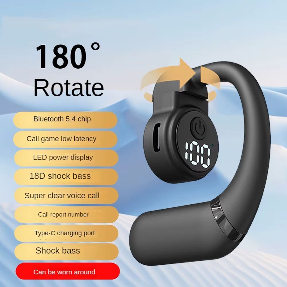 Wireless Earpods Single Ear-hook High-quality Noise Reduction Earbud With Microphone Rotatable Sports Headphones Digital Display Long Battery Life Waterproof Bluetooth 5.4 Earphones