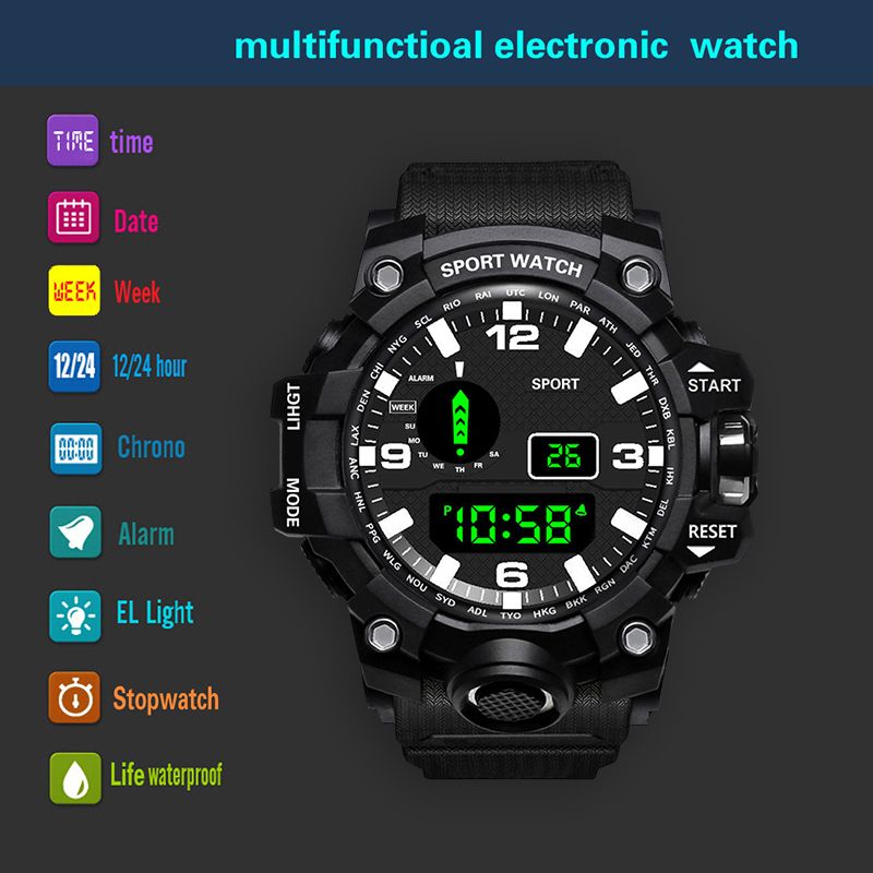 Sports Watch Men's LED Digital Watch Multi-function Military Clock Large Dial Waterproof Fitness Electronic Watch Men's Fashion Cool Luminous Electronic Watch