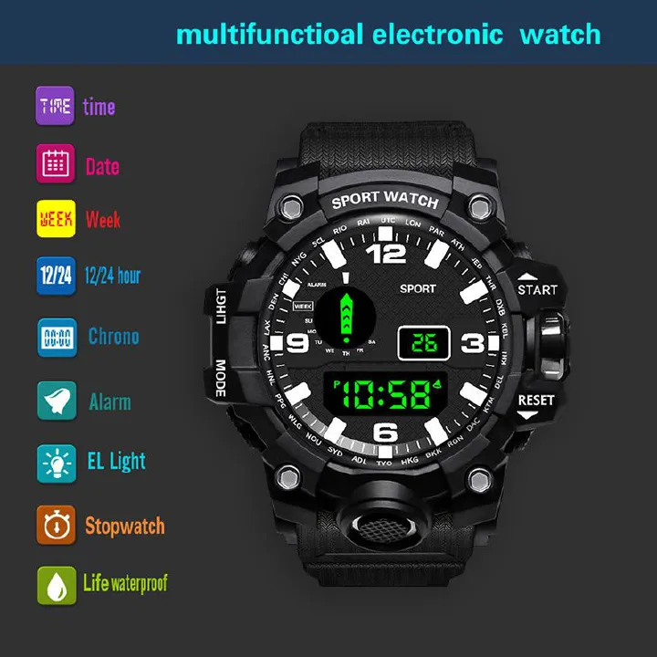Sports Watch Men's LED Digital Watch Multi-function Military Clock Large Dial Waterproof Fitness Electronic Watch Men's Fashion Cool Luminous Electronic Watch