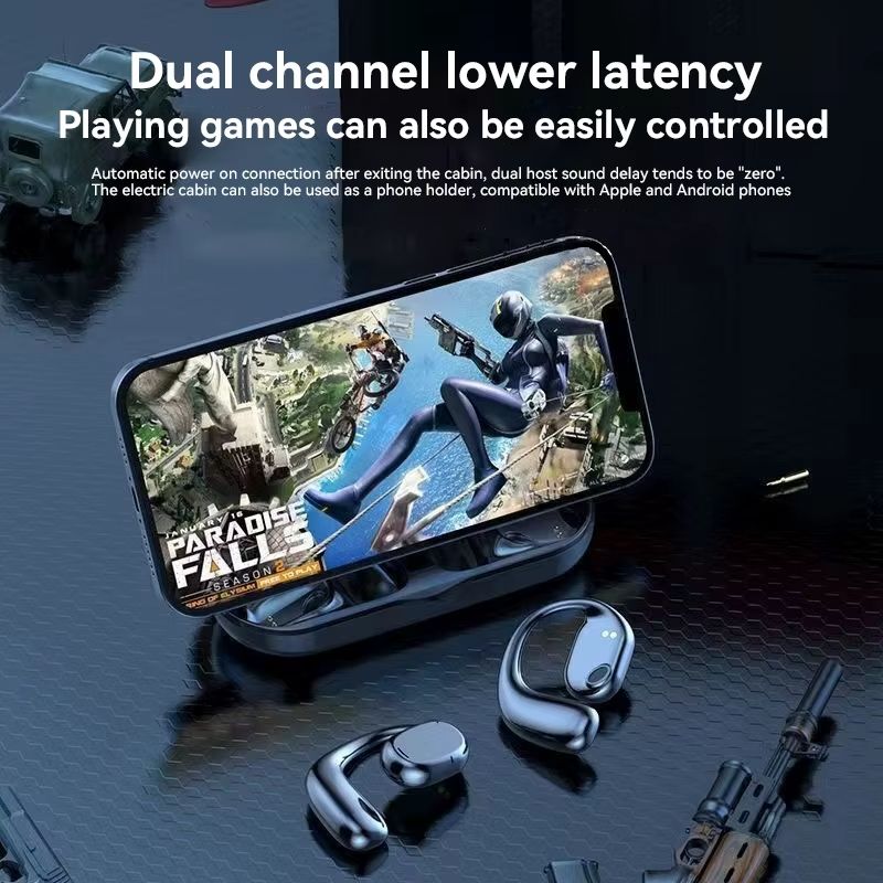 Wireless Bluetooth Earphone Bone Conduction Headphones Sports Earbud Ear-hook Waterproof Noise Reduction Earpods Display Touch Control Game Earpiece with Charging Case