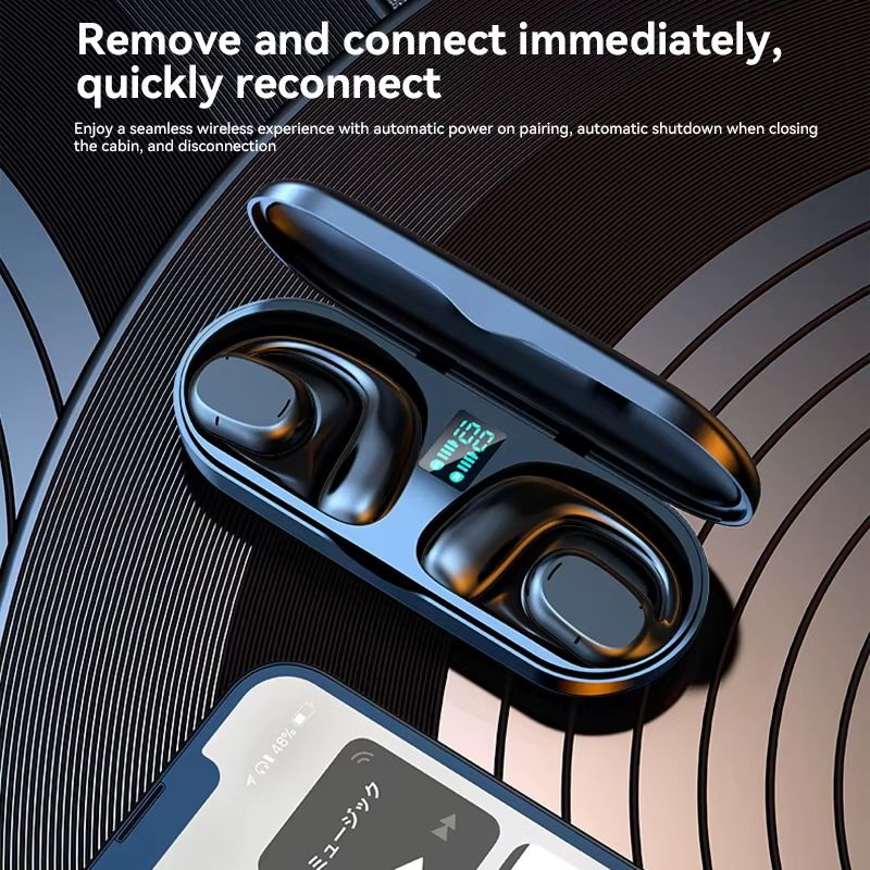 Wireless Bluetooth Earphone Bone Conduction Headphones Sports Earbud Ear-hook Waterproof Noise Reduction Earpods Display Touch Control Game Earpiece with Charging Case