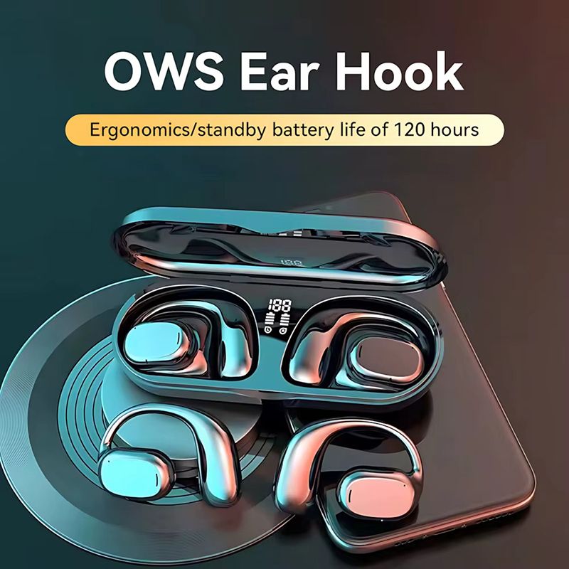 Wireless Bluetooth Earphone Bone Conduction Headphones Sports Earbud Ear-hook Waterproof Noise Reduction Earpods Display Touch Control Game Earpiece with Charging Case