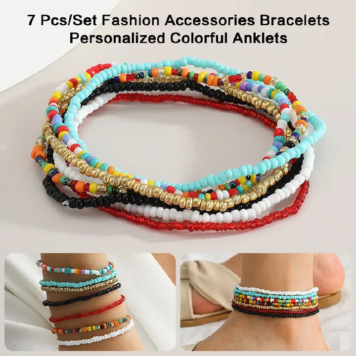 7 Pcs/Set Fashion Accessories Bracelets Bohemian Multicolor Beaded Chain Anklet Bracelet Set for Female Elastic Ankle Bracelet On The Leg Foot Beach Jewelry Bracelet Jewelry Sets