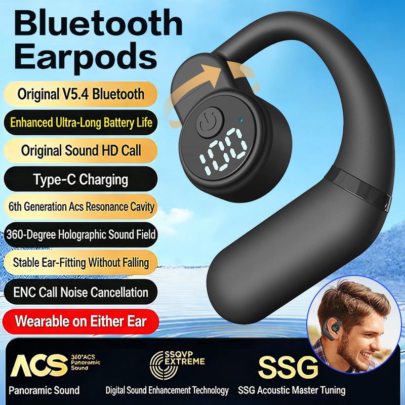 Wireless Earpods Single Ear-hook High-quality Noise Reduction Earbud With Microphone Rotatable Sports Headphones Digital Display Long Battery Life Waterproof Bluetooth 5.4 Earphones
