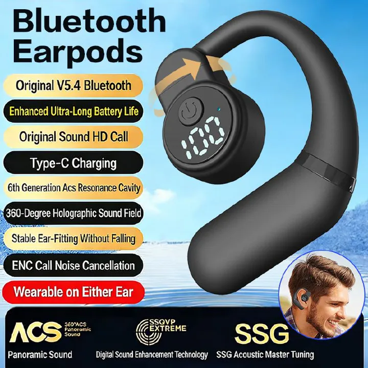 Wireless Earpods Single Ear-hook High-quality Noise Reduction Earbud With Microphone Rotatable Sports Headphones Digital Display Long Battery Life Waterproof Bluetooth 5.4 Earphones