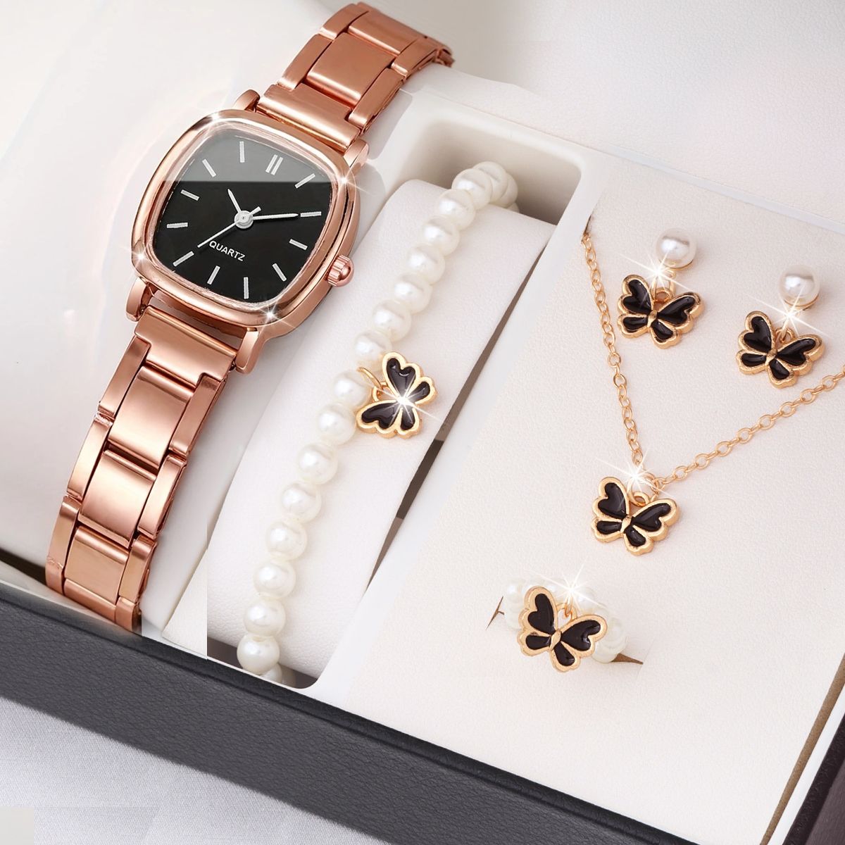 5PCS/Set Rose Gold Women Watch black Rose Gold Roman Scale Dial Wristwatch Steel Strip Quartz Watch Jewelry Set Gift For Her