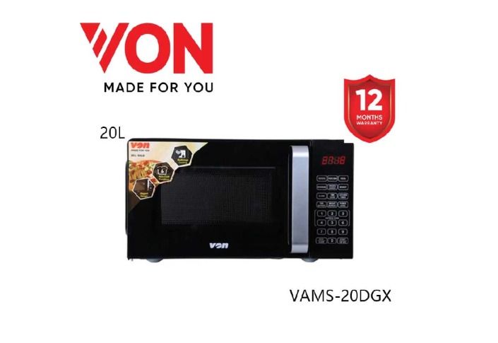 VON 20L Microwave Oven Digital Control With Touch Control Panel 700W Black VAMS-20DGX 700W 1 Year Warranty
