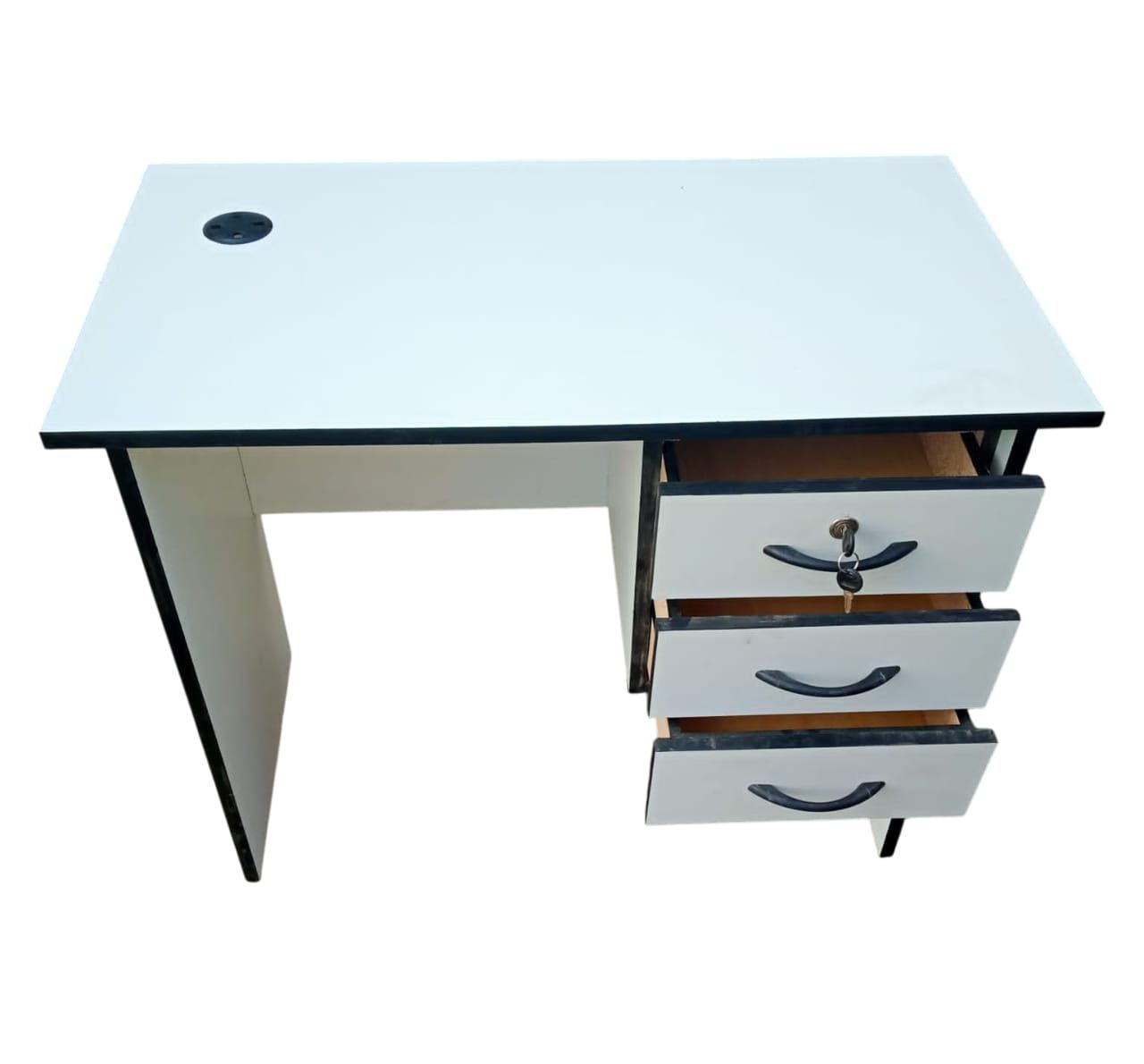 HAVENTECH Office Desk 1 Metre White 3 Drawers Key Lock Durable Comfortable For Home Office Brown and white