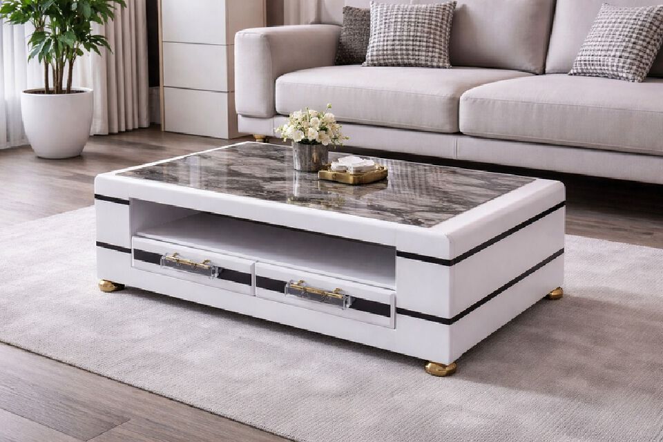 Marble Top Coffee Table 4fts Elegant With Drawers for Living Room (Black and Gray) and (White)