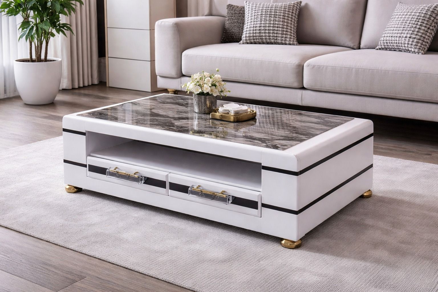 Marble Top Coffee Table 4fts Elegant With Drawers for Living Room (Black and Gray) and (White)