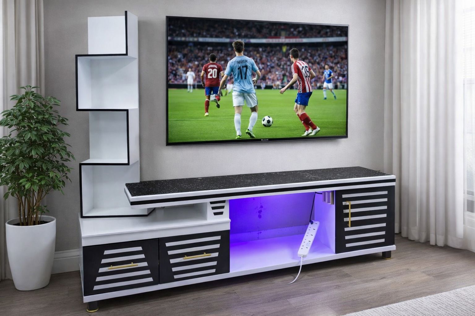 TV Stand 5FTS With Decor Stand Wooden Led Light with cabinets for storage for your Living room As Picture