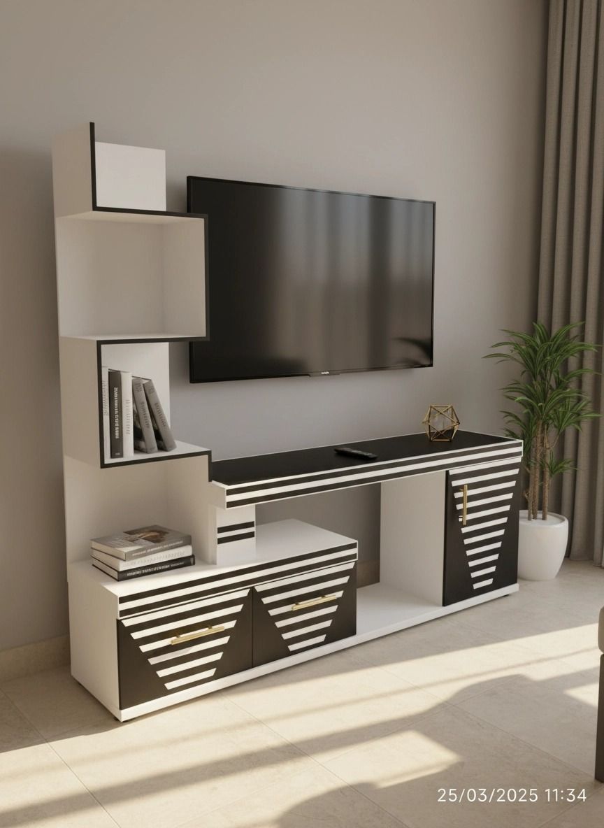 Modern TV Stand 5FTS With Decor Stand Wooden Black and White with cabinets for storage