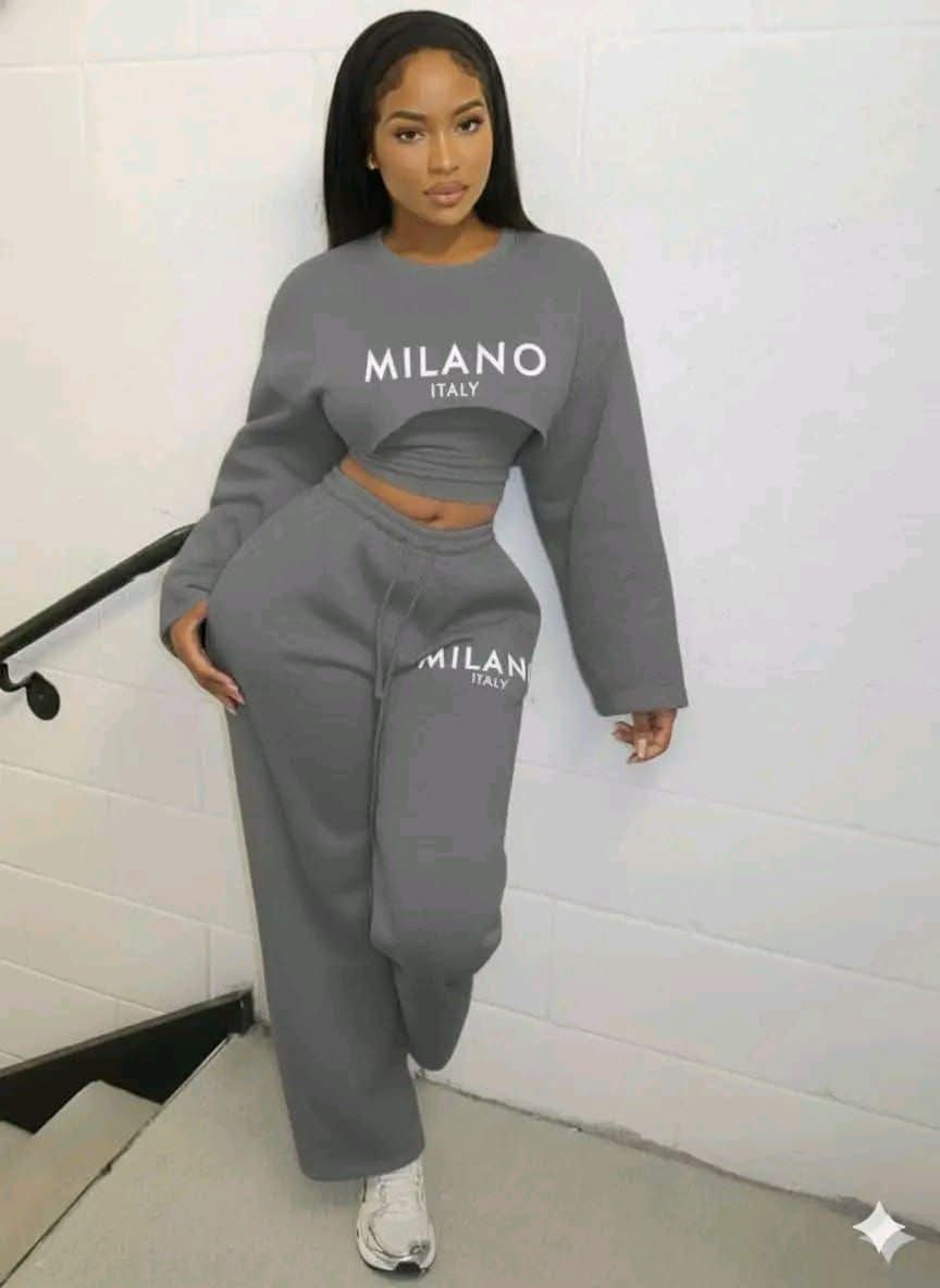 Quality 3-Piece Milano Italy Crop Top & Sweatpants Set – Casual Stylish Co-ord Outfit for Women