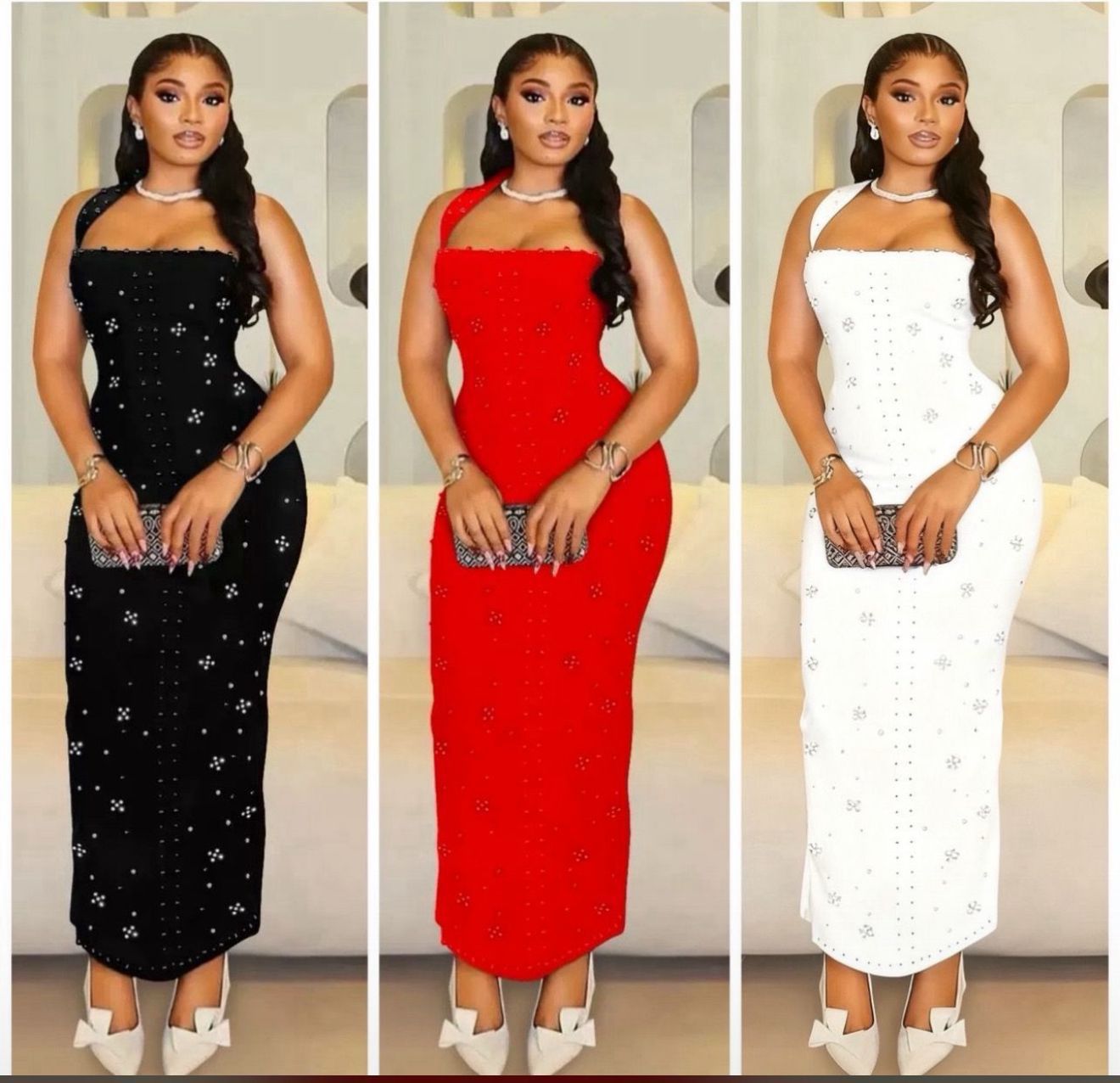 Women’s Pearl-Trimmed Bodycon Halter-Neck Embellished Maxi Dress – Elegant Evening Gown