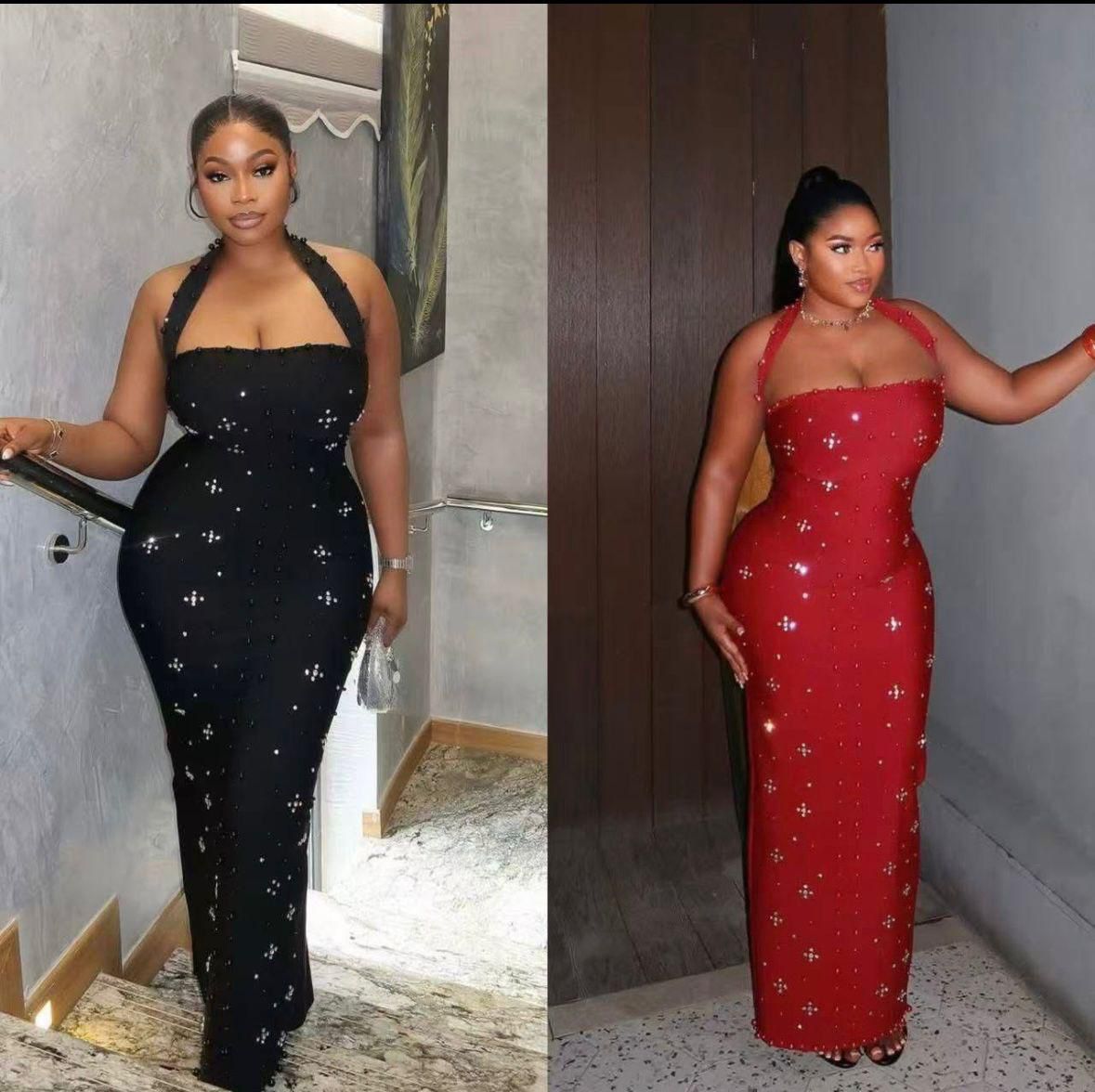 Women’s Pearl-Trimmed Bodycon Halter-Neck Embellished Maxi Dress – Elegant Evening Gown