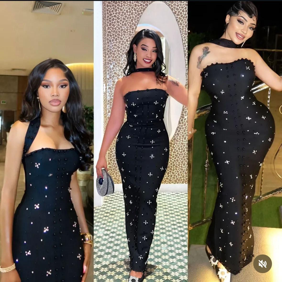 Women’s Pearl-Trimmed Bodycon Halter-Neck Embellished Maxi Dress – Elegant Evening Gown