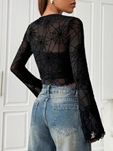 Spring New Elegant Women's Black Transparent Mushroom Edge Spider Web T-shirt Top Women's Wear