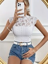 New elegant lace patchwork collar short sleeved solid color T-shirt for slimming women