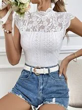 New elegant lace patchwork collar short sleeved solid color T-shirt for slimming women