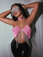 New nightclub slim fit backless European and American fishing net rhinestone tassel tank top