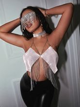 New nightclub slim fit backless European and American fishing net rhinestone tassel tank top
