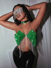 New nightclub slim fit backless European and American fishing net rhinestone tassel tank top