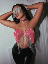 New nightclub slim fit backless European and American fishing net rhinestone tassel tank top