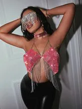 New nightclub slim fit backless European and American fishing net rhinestone tassel tank top